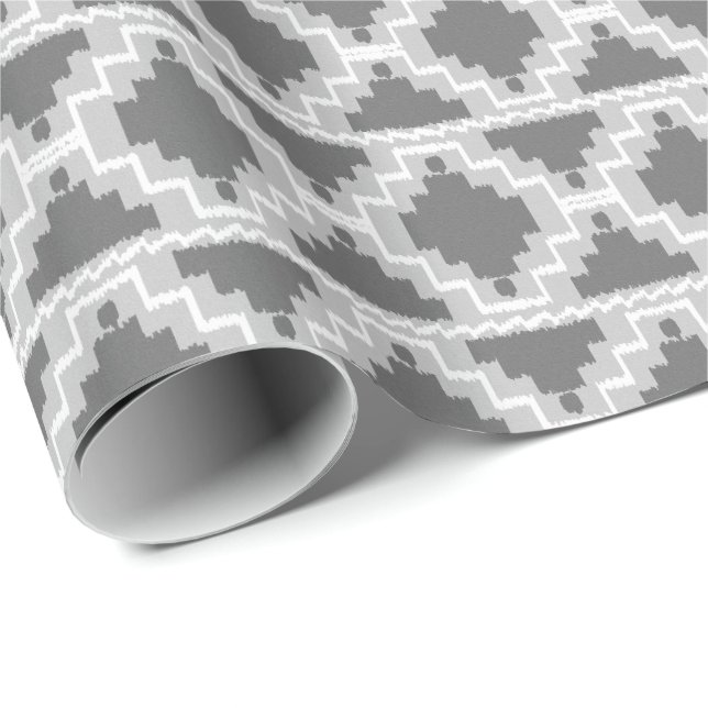 Papel De Presente Ikat Asteca Tribal - Cinza escuro e claro (Ponta do rolo)
