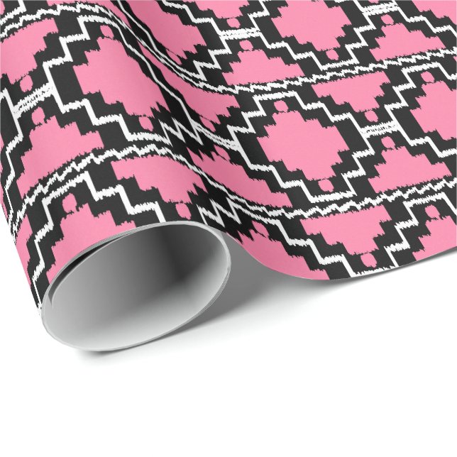 Papel De Presente Ikat Asteca Tribal - Rosa Fúcsia, Preto e Branco (Ponta do rolo)