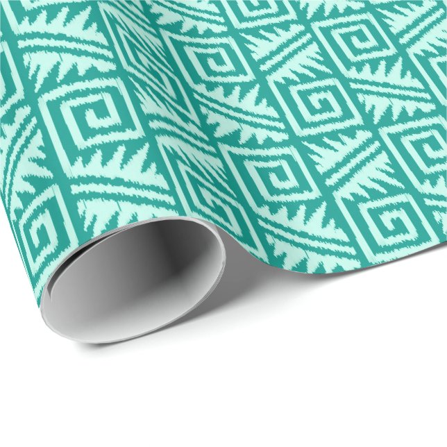 Papel De Presente Ikat Asteca Tribal - Turquesa e Água (Ponta do rolo)