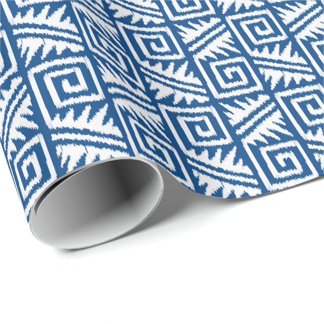 Papel De Presente Ikat Aztec Tribal - Cobalt Azul e Branco (Ponta do rolo)