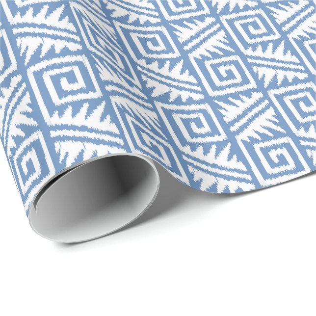 Papel De Presente Ikat Azteca Tribal - Azul Céu e Branco (Ponta do rolo)