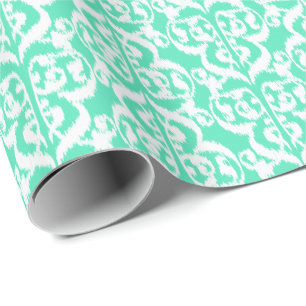 Papel De Presente Ikat Damasco Mourisco - aqua e branco
