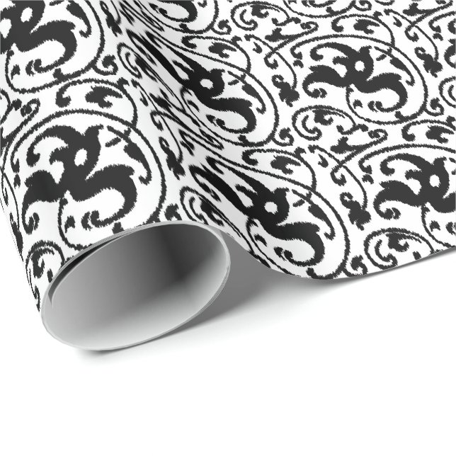 Papel De Presente Ikat Floral Damask - Branco e Preto (Ponta do rolo)