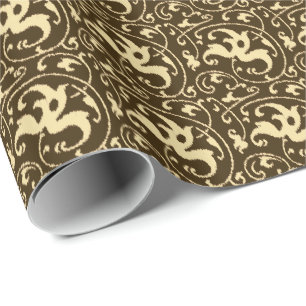 Papel De Presente Ikat Floral Damask - Chocolate Brown e Tan