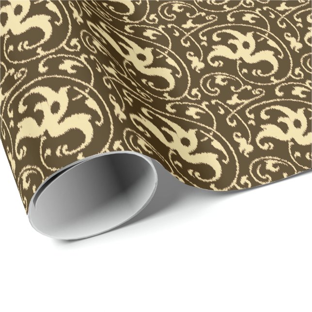 Papel De Presente Ikat Floral Damask - Marrom Chocolate e Bege (Ponta do rolo)