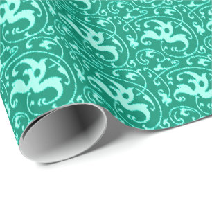 Papel De Presente Ikat Floral Damask - Turquoise e Aqua