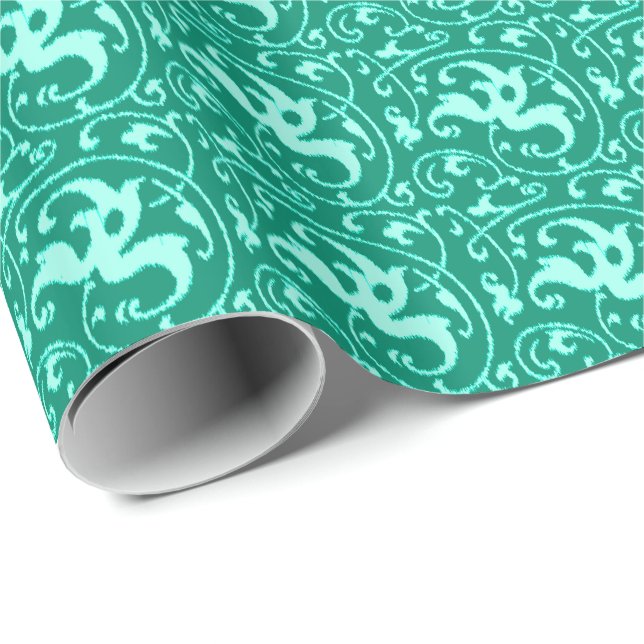 Papel De Presente Ikat Floral Damask - Turquoise e Aqua (Ponta do rolo)