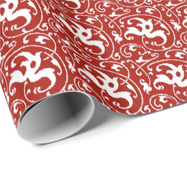Papel De Presente Ikat Floral Damask - Vermelho Escuro e Branco (Ponta do rolo)