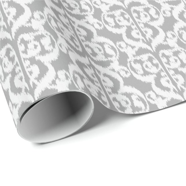 Papel De Presente Ikat Moorish Damask - cinza prateada e branca (Ponta do rolo)