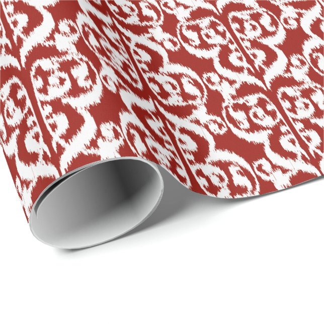 Papel De Presente Ikat Moorish Damask - vermelho-escuro e branco (Ponta do rolo)