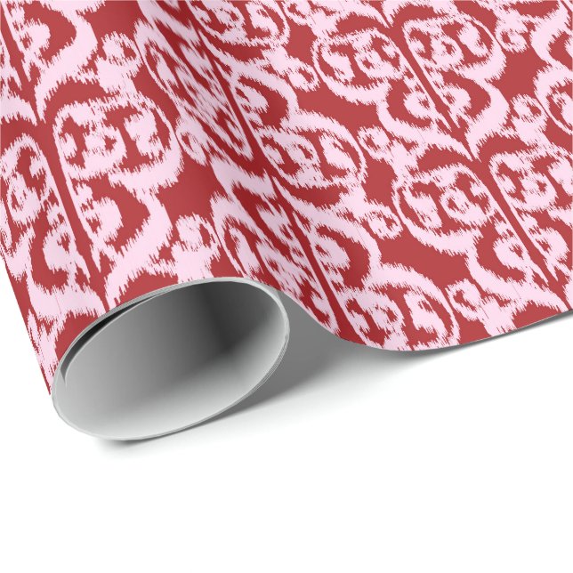 Papel De Presente Ikat Moorish Damask - vermelho escuro e rosa (Ponta do rolo)