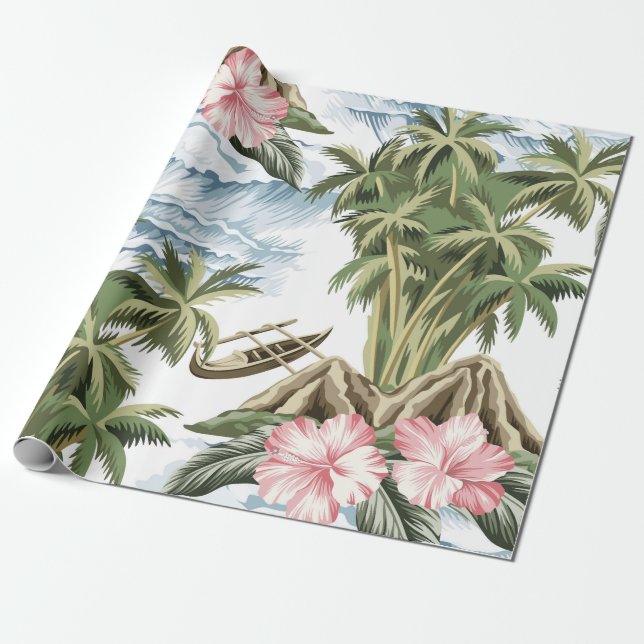 Papel De Presente Ilha de colheita havaiana, palmeira, barco, rosa  (Desenrolado)