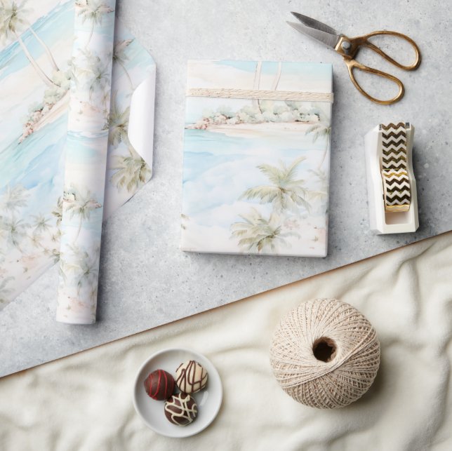Papel De Presente Ilha Tropical Palmeiras Praia  (Artesanato)