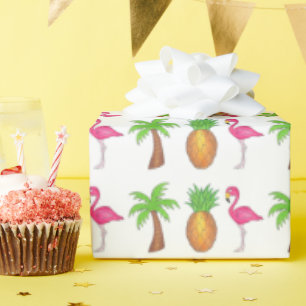 Papel De Presente Ilha Tropical Pineapple Flamingo Palm Tree Beach