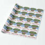 Papel De Presente Ilha Tropical Tiki Hut Beach Merry Christmas<br><div class="desc">praia divertida ou design de Natal tropical. Apresenta um bar de cabana Tiki estilo ilha em uma praia de areia, com bebidas de coquetel, chapéu de Papai Noel e uma coroa de Natal com uma estrela. Ondas oceânicas e céu azul estão ao fundo. O texto da tipografia é Feliz Natal...</div>