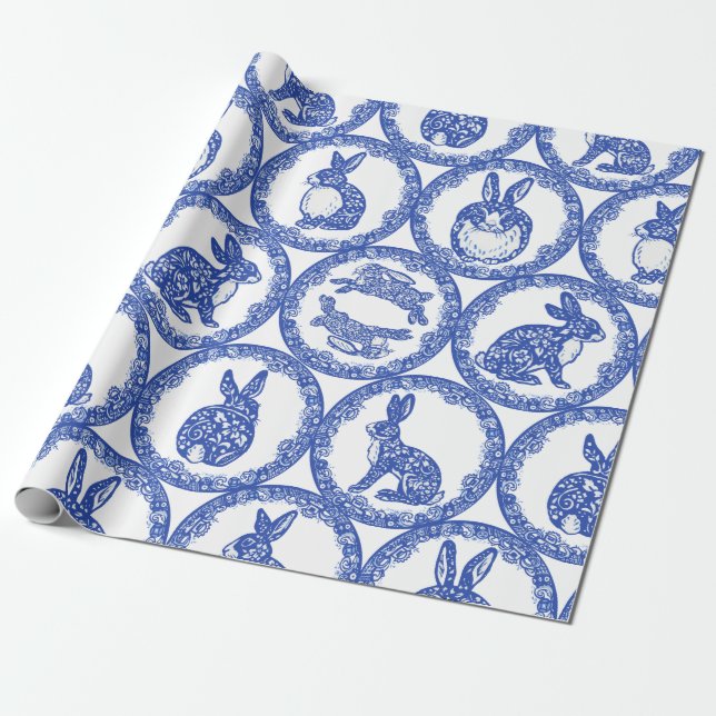 Papel De Presente Ilha Whimsical Blue Willow Rabbit (Desenrolado)