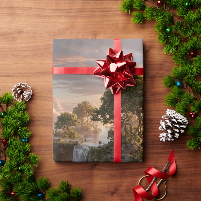 Papel De Presente Ilhas Flutuantes Surreais com Quedas de Água (Presente de Natal)
