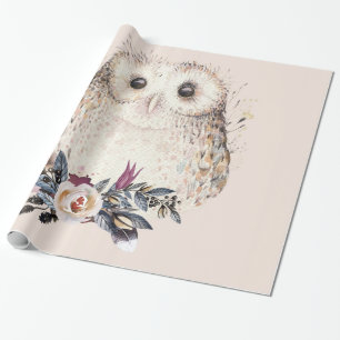 Papel De Presente Ilustração animal de Boho da coruja Pastel chiqu