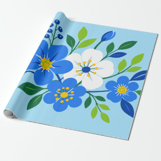 Papel De Presente Ilustração Botânica Floral Azul e Branco