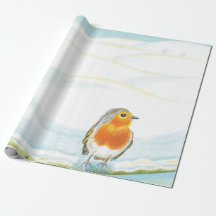 Papel De Presente Ilustração da Paisagem Branca de Inverno com Robin
