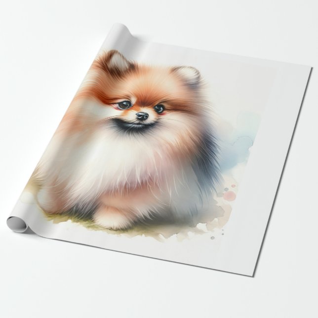 Papel De Presente Ilustração de aquarela da Pomerânia Cuta (Desenrolado)