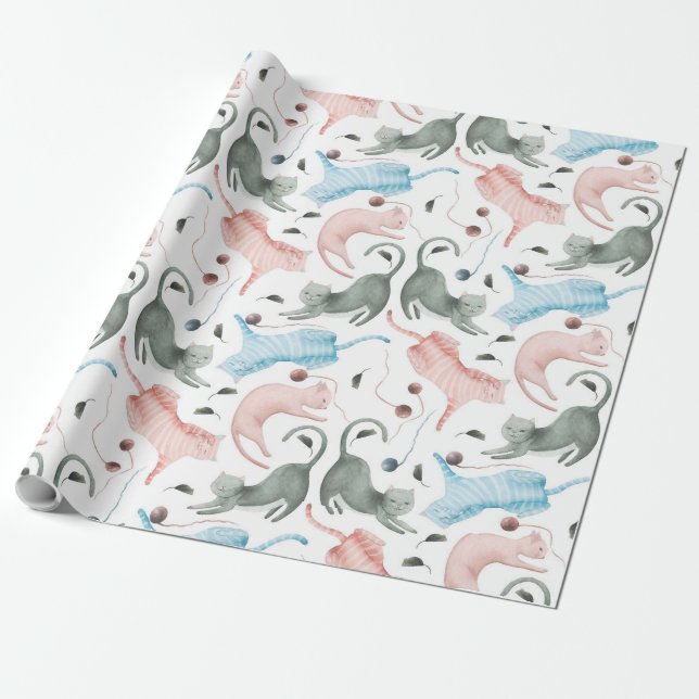 Papel De Presente Ilustração de Aquarelas de Padrão de Gatos e Fios (Desenrolado)