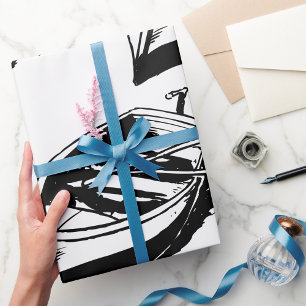 Papel De Presente Ilustração de Barco a Remo Náutica Preto e Branco