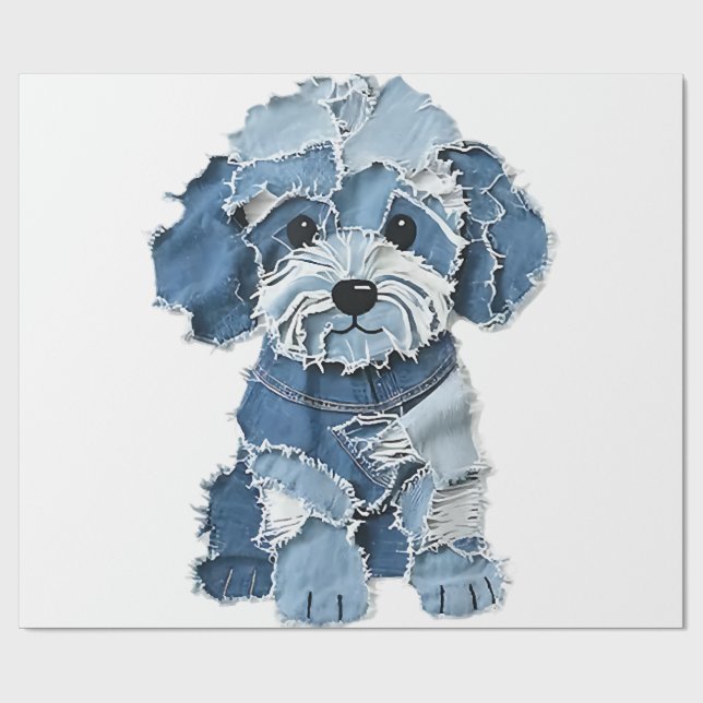 Papel De Presente Ilustração de Cachorro com Remendo de Jeans Fofo (Aberto)