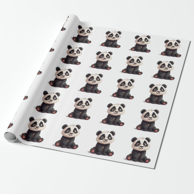 Papel De Presente Ilustração de Desenho Animado de Urso Panda Sentad (Desenrolado)