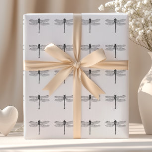Papel De Presente Ilustração de Dragonfly em Preto e Branco Vintag