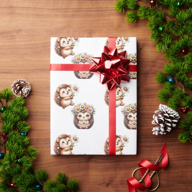 Papel De Presente Ilustração de duo de ouriços florais românticos fo (Presente de Natal)