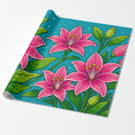 Papel De Presente Ilustração de Flores de Lírio Rosa com Folhagem Ve