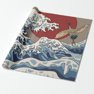 Papel De Presente Ilustração de grua e onda japonesa tradicional C