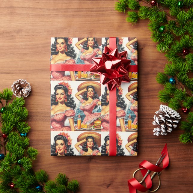 Papel De Presente Ilustração de Mulher Hispânica Vintage (Presente de Natal)