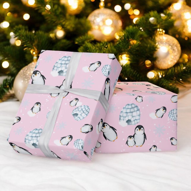 Papel De Presente Ilustração de neve de pinguim-de-inverno bonito (Cute winter penguin igloos snow illustration wrapping paper)