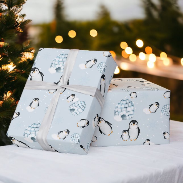 Papel De Presente Ilustração de neve de pinguim-de-inverno bonito (Cute winter penguin igloos snow illustration wrapping paper)
