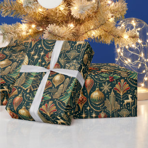 Papel De Presente Ilustração de Ornamento de Natal em Dourado e Azul