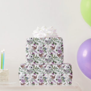 Papel De Presente Ilustração de Pássaros Cantores Roxo Floral Verde