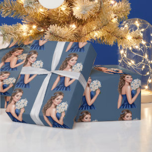 Papel De Presente Ilustração de retrato de dama de honra azul elegan