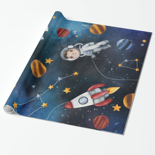 Papel De Presente Ilustração do Astronauta do Padrão Espacial Extern (Desenrolado)