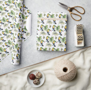 Papel De Presente Ilustração em Aquarela de Toucan Exótico Monstera