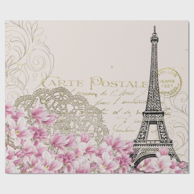 Papel De Presente Ilustração floral da arte da torre Eiffel de Paris (Aberto)