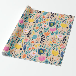 Papel De Presente Ilustração Floral Simples de Arte Popular Moderna