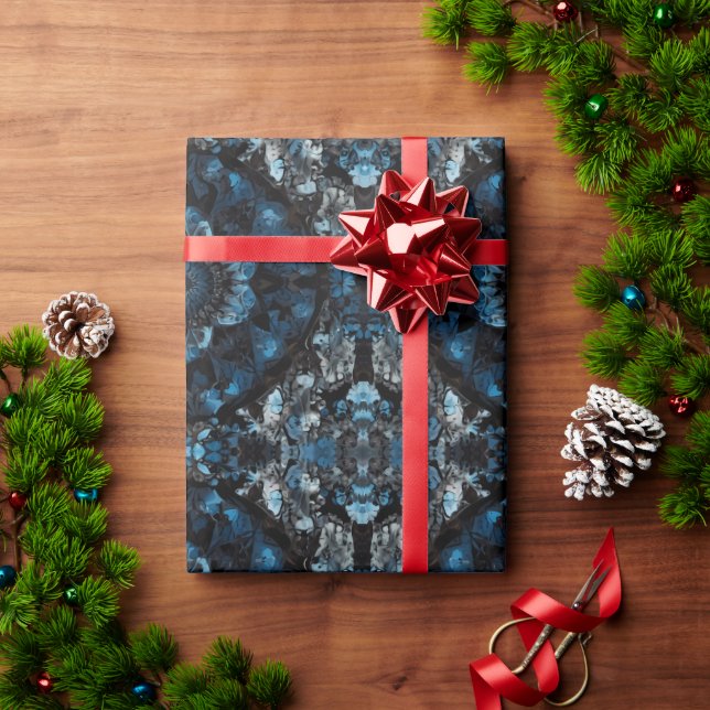 Papel De Presente Ilustração Floral Verde Preto-Azul Mandela (Presente de Natal)
