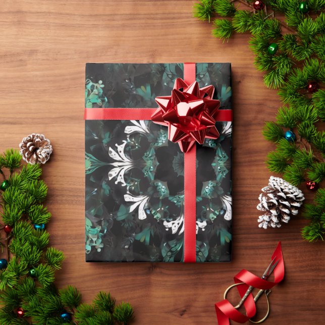 Papel De Presente Ilustração Floral Verde Preto-Azul Mandela (Presente de Natal)