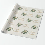 Papel De Presente Ilustração Simples do Floral Branco | Presente de<br><div class="desc">Linda, simples e clássica. Esta ilustração botânica vintage de um solteiro, flor branca de Camellia, e folhagem, parece impressionante em relação a um fundo colorido creme. O texto está em um estilo de script e ouro colorido. Todos se juntando para formar a design perfeita para um tema de casamento simples,...</div>