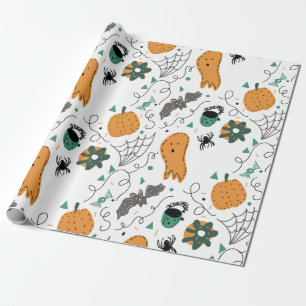 Papel De Presente Ilustrações de abóbora fantasma fofa de Halloween