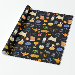Papel De Presente Ilustrações de Hanukkah em Aquarela Alegre Padrão