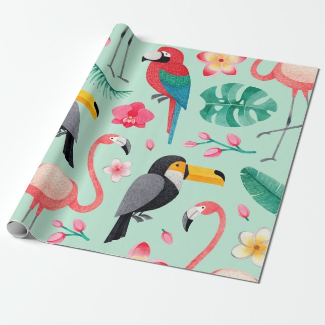 Papel De Presente Ilustrações em aquarela de aves, flores tropicais (Desenrolado)
