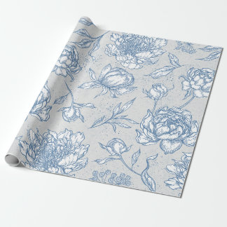 Papel De Presente Ilustrado Floral Vintage Branco e Azul